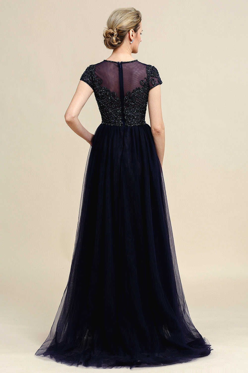 Navy A Line Tulle Beaded Glitter Mother of Bride Dress