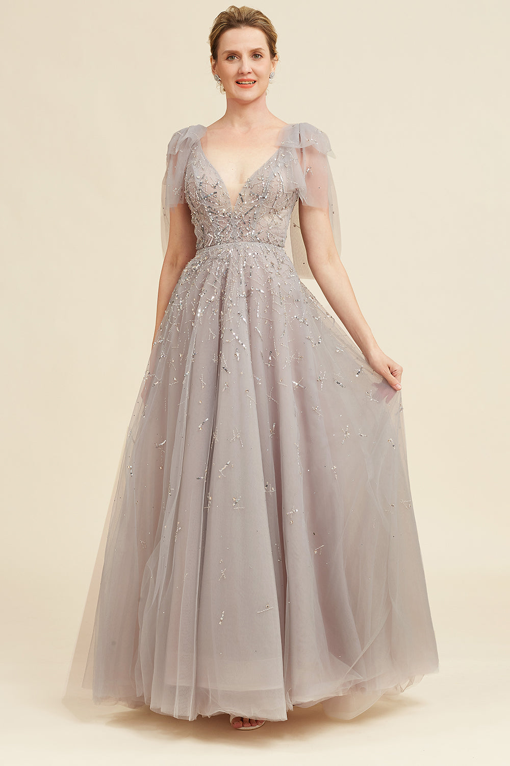 Grey A Line Beading Glitter Mother of Bride Dress