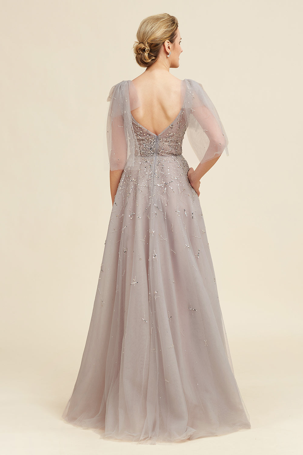 Grey A Line Beading Glitter Mother of Bride Dress