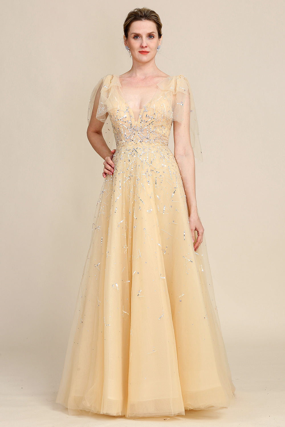 Yellow A Line Beading Sparkly Mother Of Bride Dress