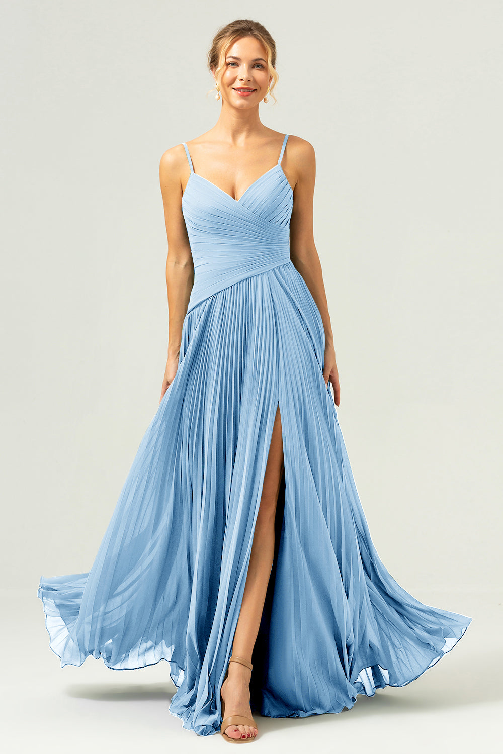 A Line Spaghetti Straps Pleated Chiffon Long Bridesmaid Dress with Slit