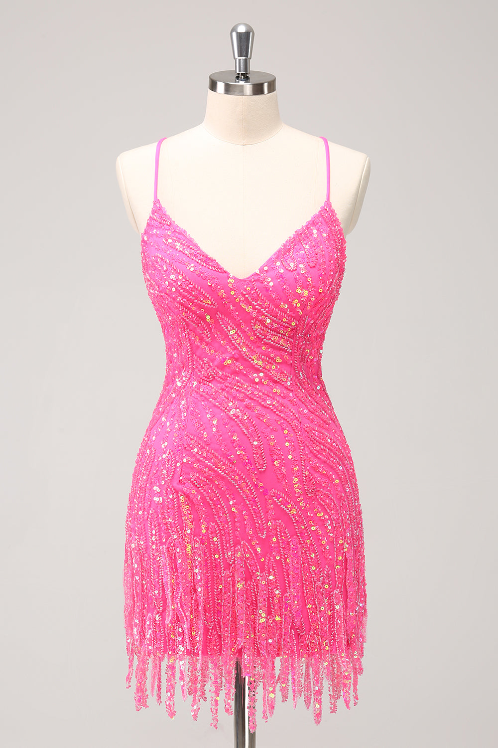 Unique Glitter Hot Pink Spaghetti Straps Sequin Tight Homecoming Dress with Tassel