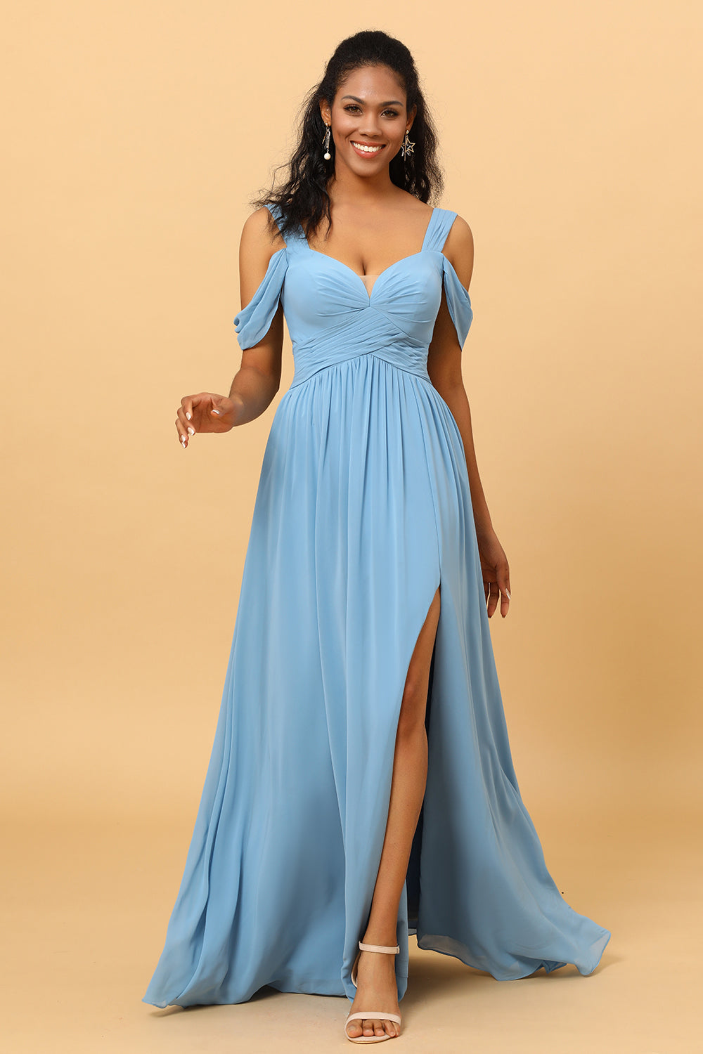 A Line V Neck Cold Shoulder Chiffon Bridesmaid Dress with Slit