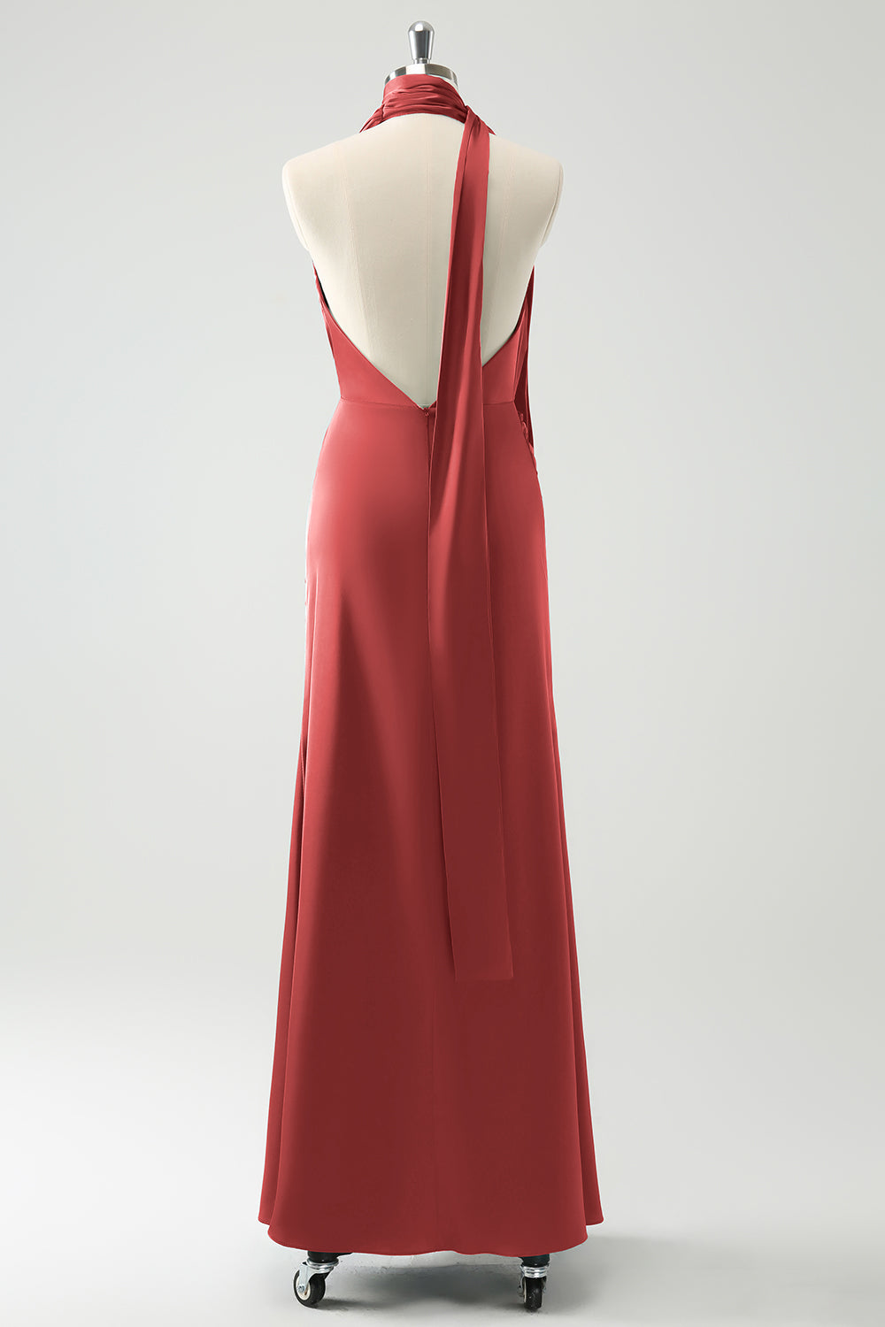 Terracotta Sheath Deep V Neck Ruched Long Bridesmaid Dress With Open Back