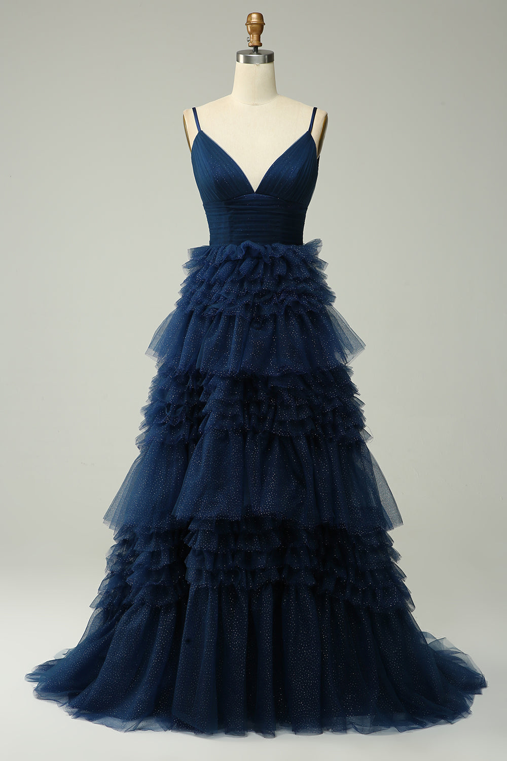 Navy A Line Spaghetti Straps Long Tulle Prom Dress with Ruffles