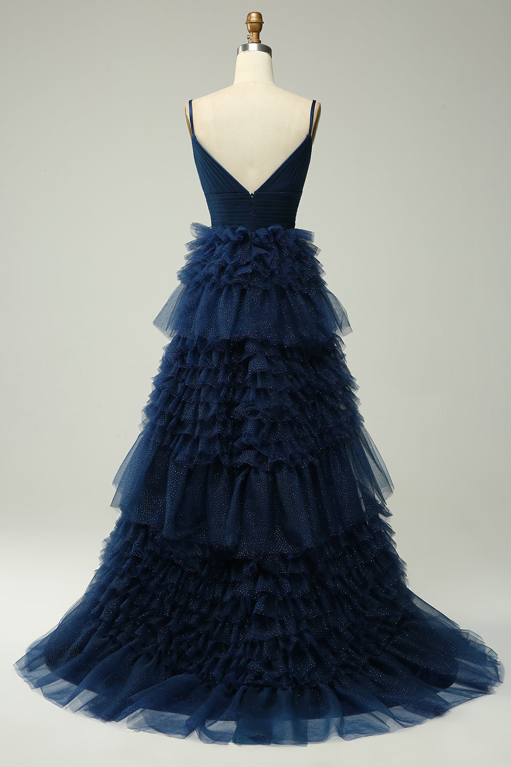 Navy A Line Spaghetti Straps Long Tulle Prom Dress with Ruffles