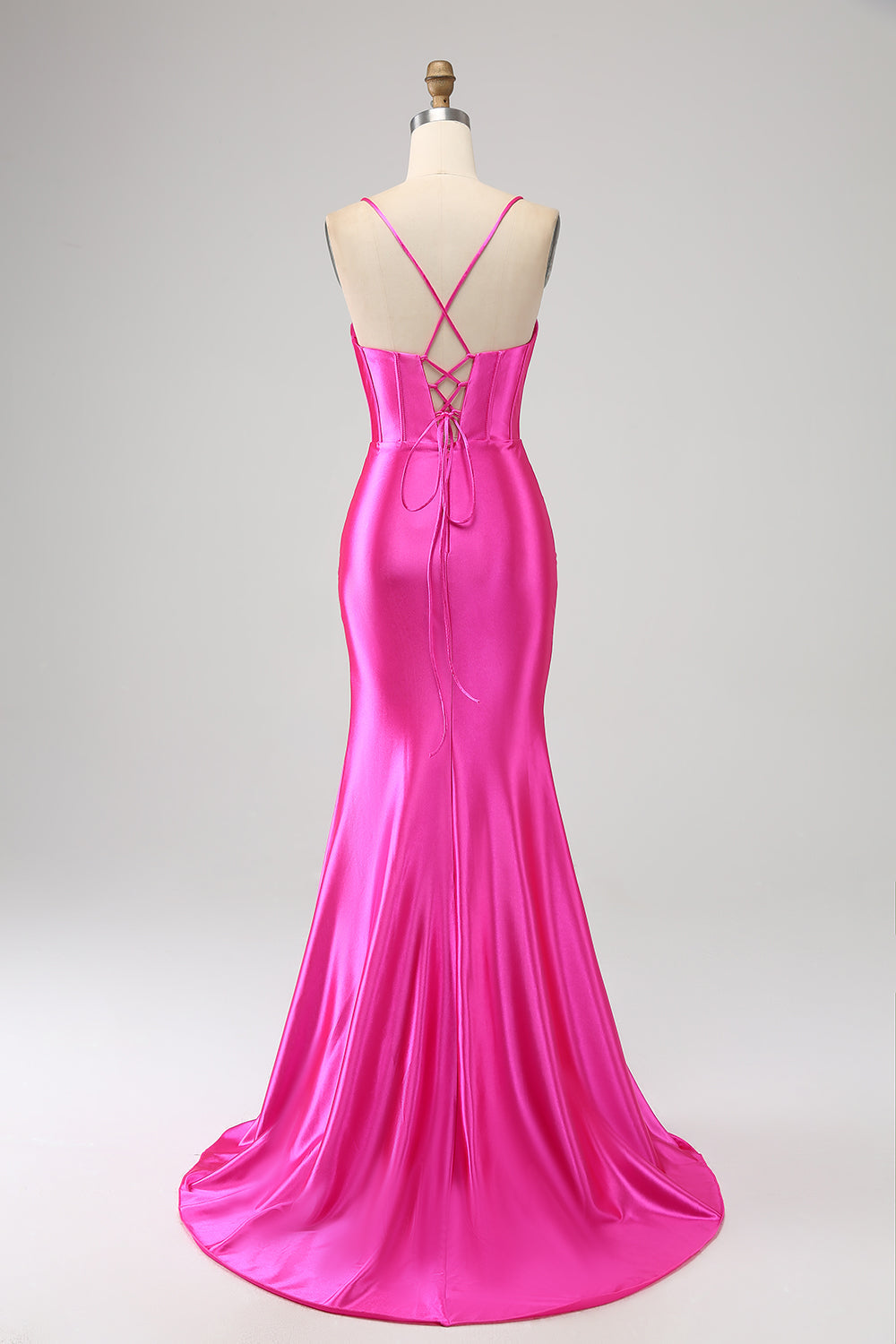 Stunning Fuchsia Mermaid Spaghetti Straps Corset Prom Dress with Split Front