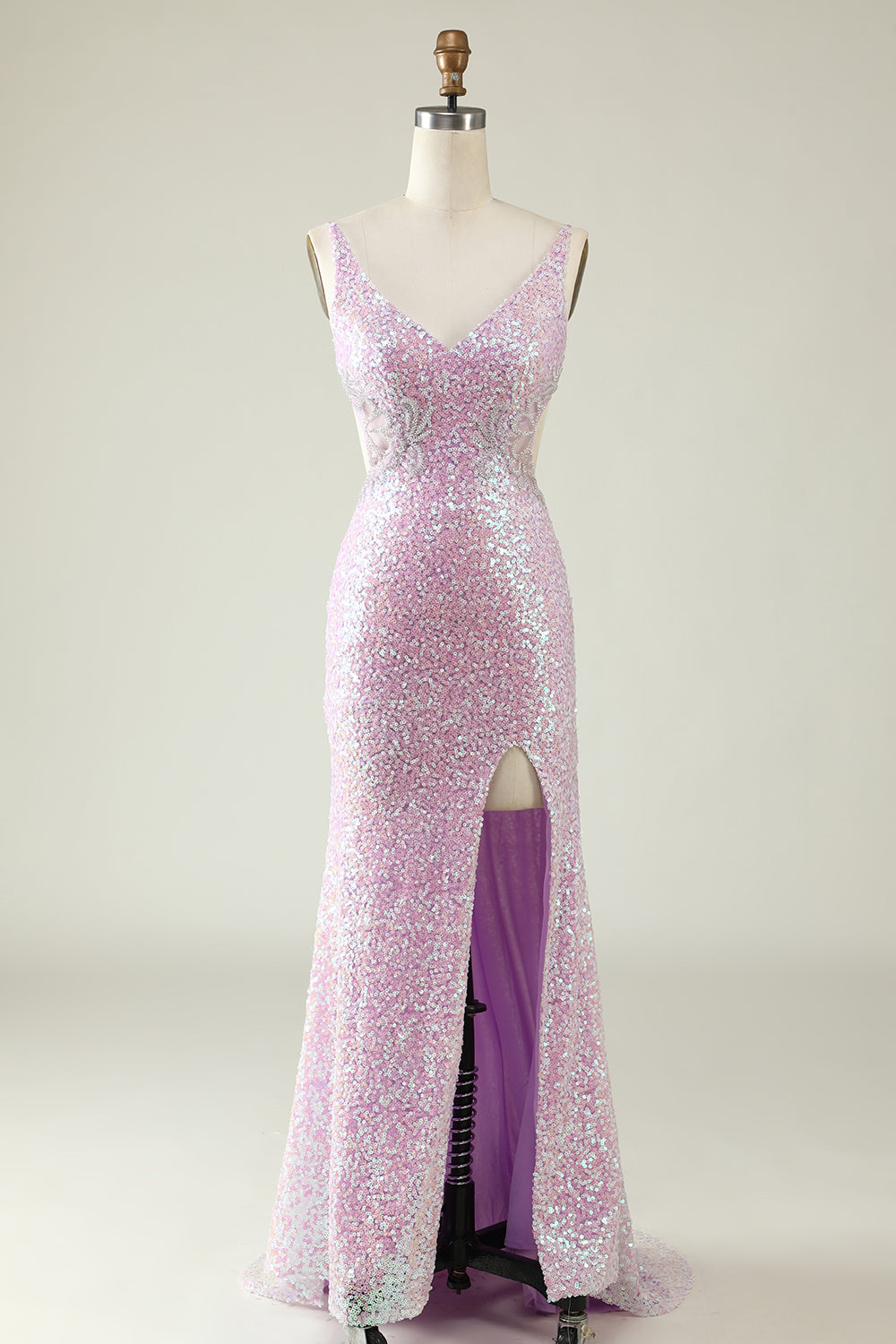 Lilac Sheath V Neck Sequins Long Prom Dress with Split Front