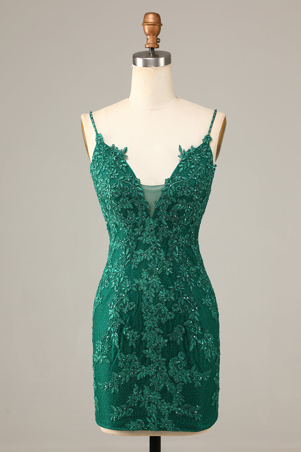 Dark Green Sheath Spaghetti Straps Beaded Short Homecoming Dress with Appliques