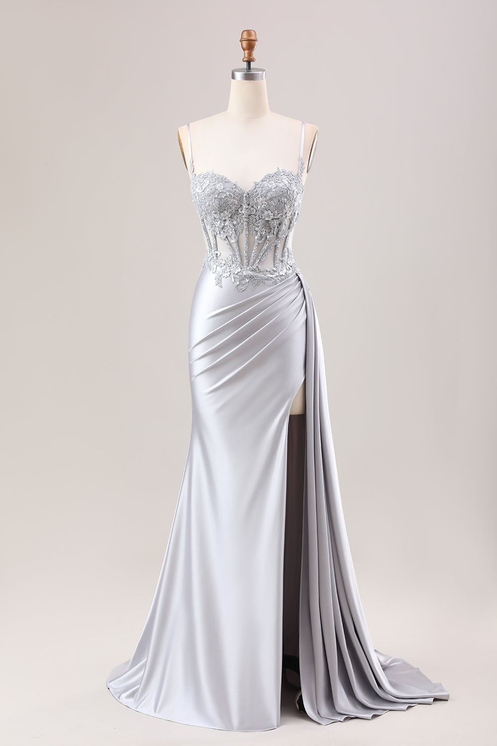 Silver Mermaid Ruched Sheer Top Corset Satin Watteau Train Prom Dress With Slit