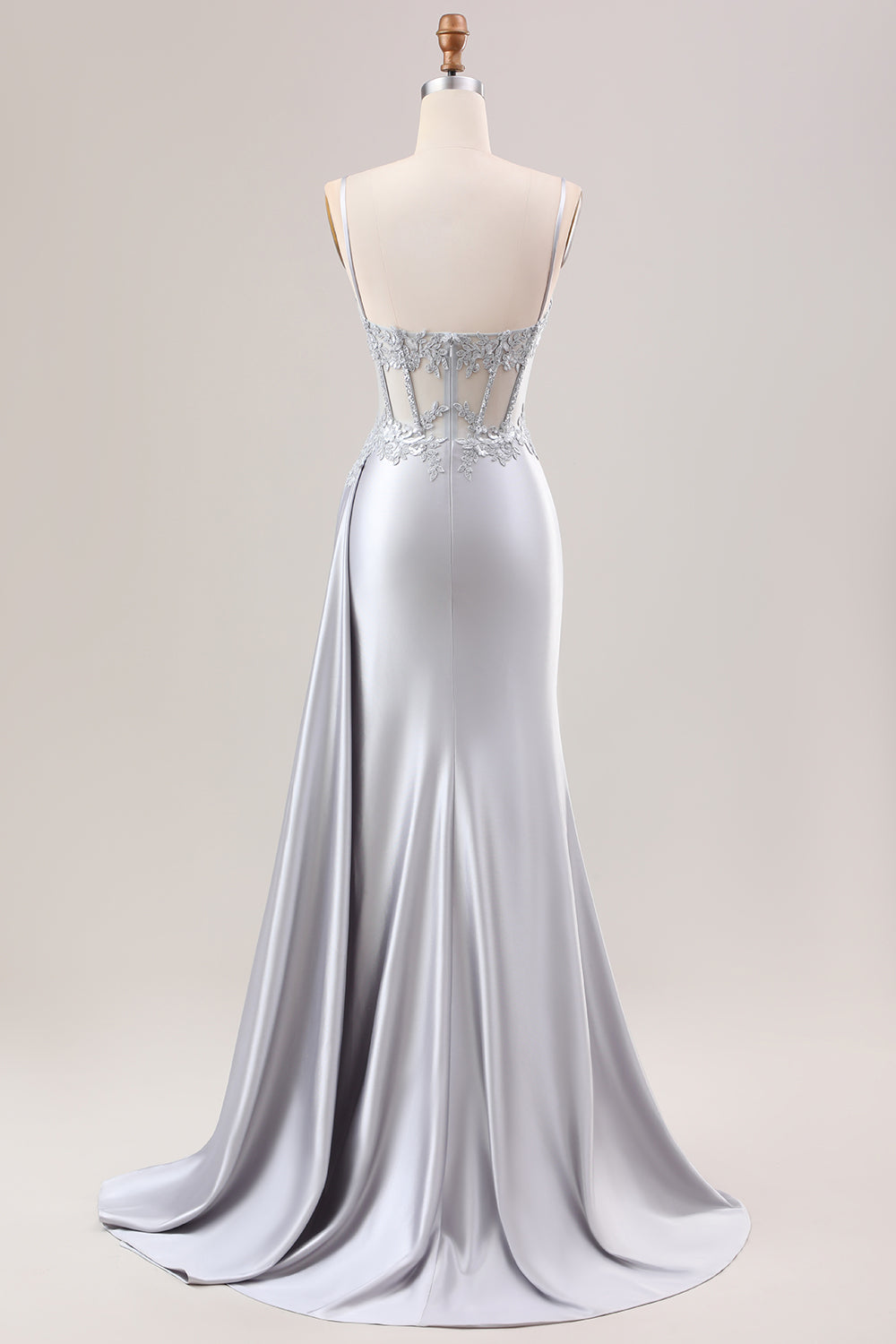 Silver Mermaid Ruched Sheer Top Corset Satin Watteau Train Prom Dress With Slit