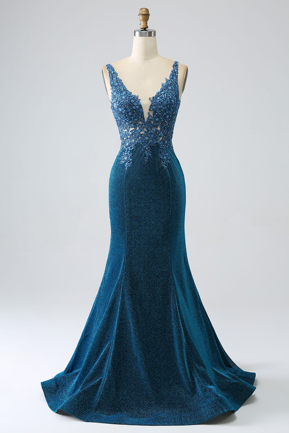 Glitter Dark Blue Mermaid V-Neck Long Prom Dress with Beading