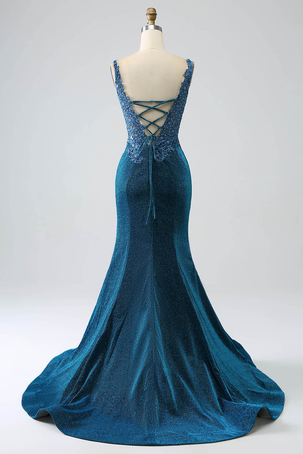 Glitter Dark Blue Mermaid V-Neck Long Prom Dress with Beading