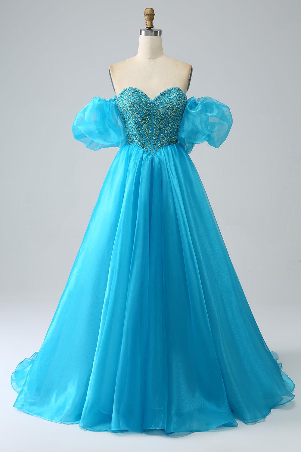 Blue Ball-Gown Sweetheart Beaded Corset Prom Dress with Detachable Sleeves