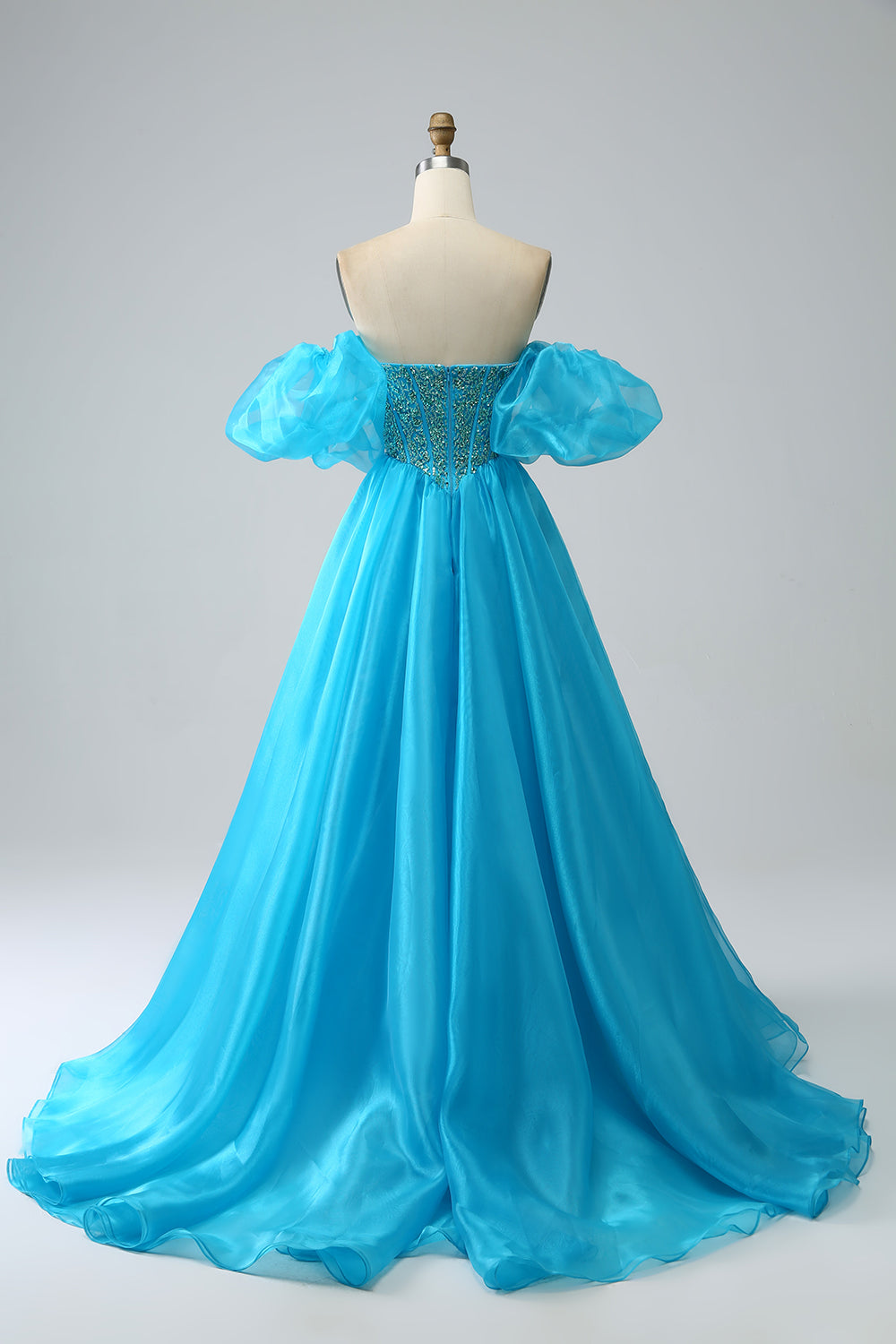 Blue Ball-Gown Sweetheart Beaded Corset Prom Dress with Detachable Sleeves