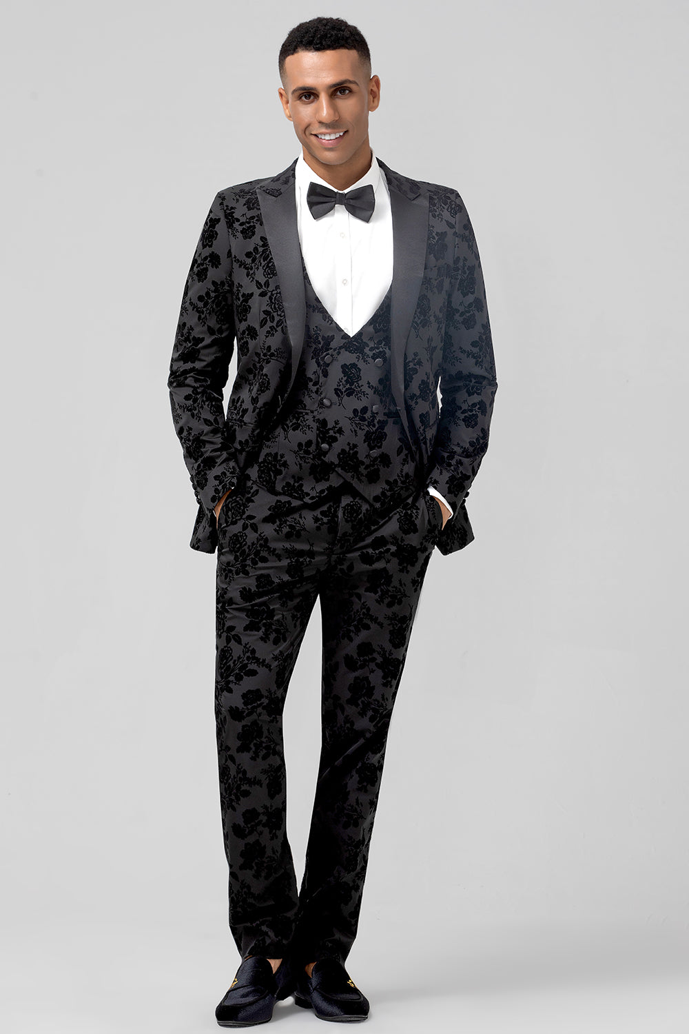 Men’s Black Peak Lapel Jacquard One Button 3 Piece Wedding Suits