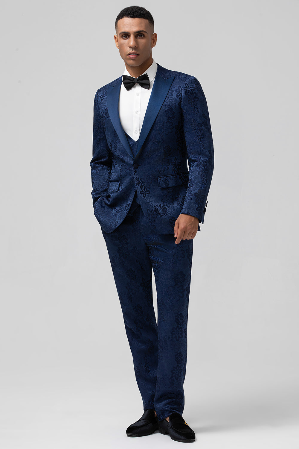 Men’s Dark Blue Peak Lapel Jacquard One Button 3 Piece Prom Suits