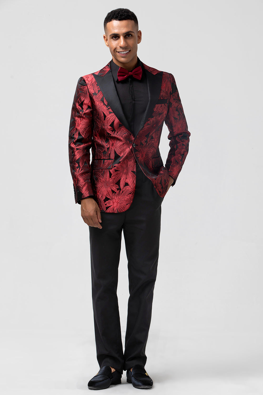 Men’s Red Jacquard Peak Lapel Jacquard One Button 2 Piece Wedding Suits