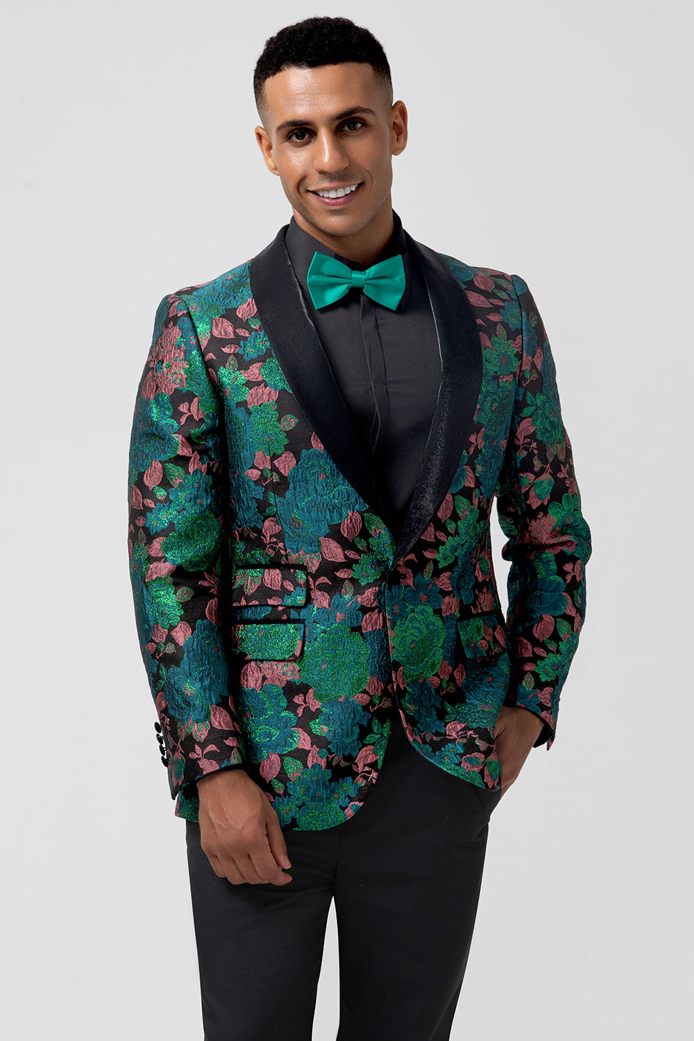 Men’s Green Shawl Lapel One Button Jacquard Prom Blazer