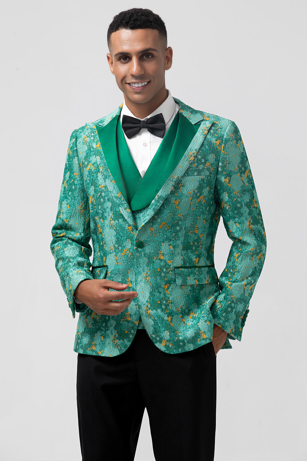 Men’s Green Notch Lapel One Button 3 Piece Jacquard Prom Suits