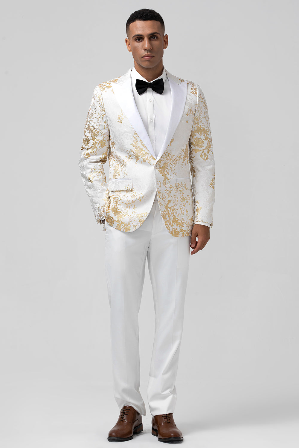 Men’s Champagne Peak Lapel One Button Jacquard 2 Piece Prom Suits