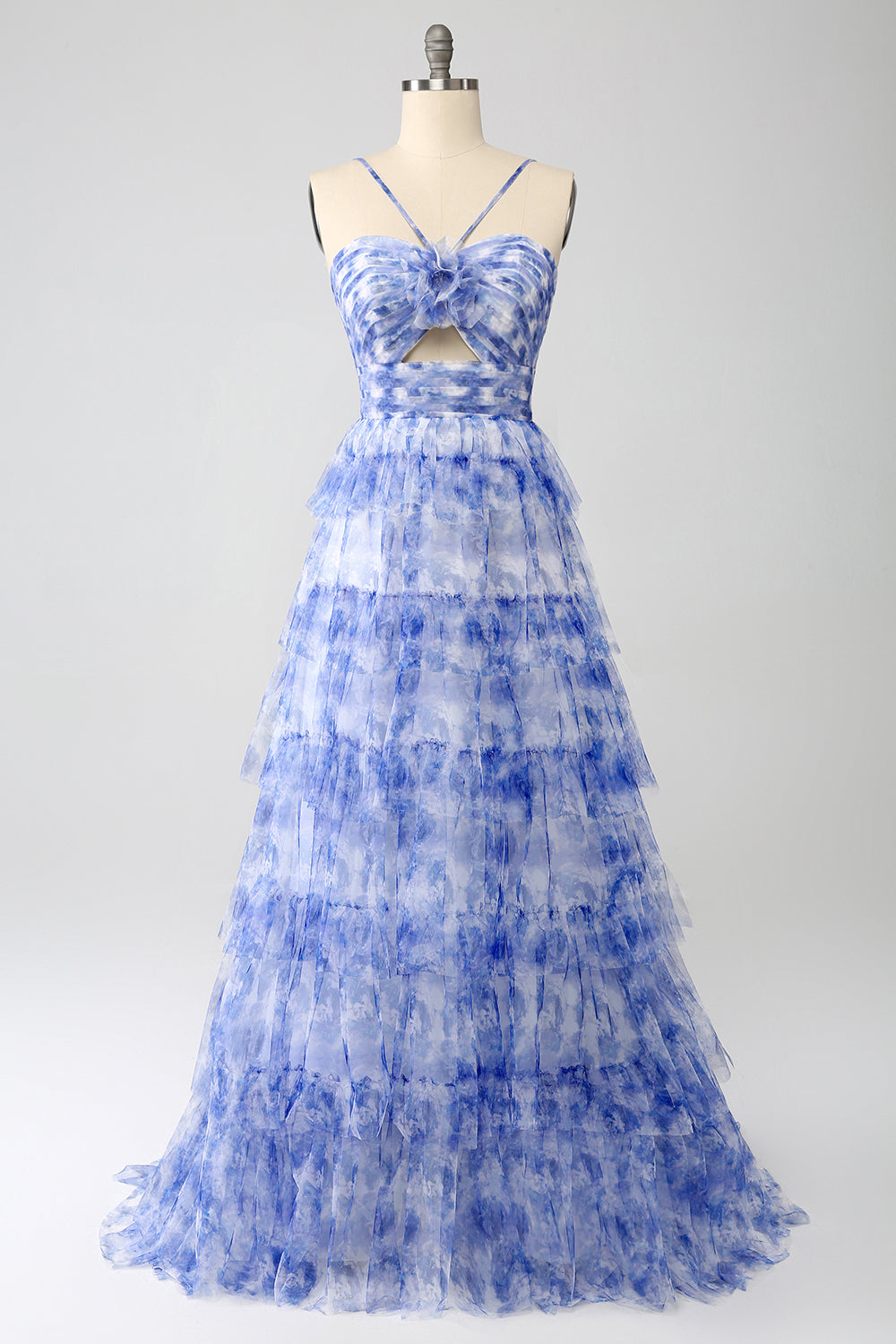 Blue Flower A-Line Halter Floral Print Tiered Long Prom Dress