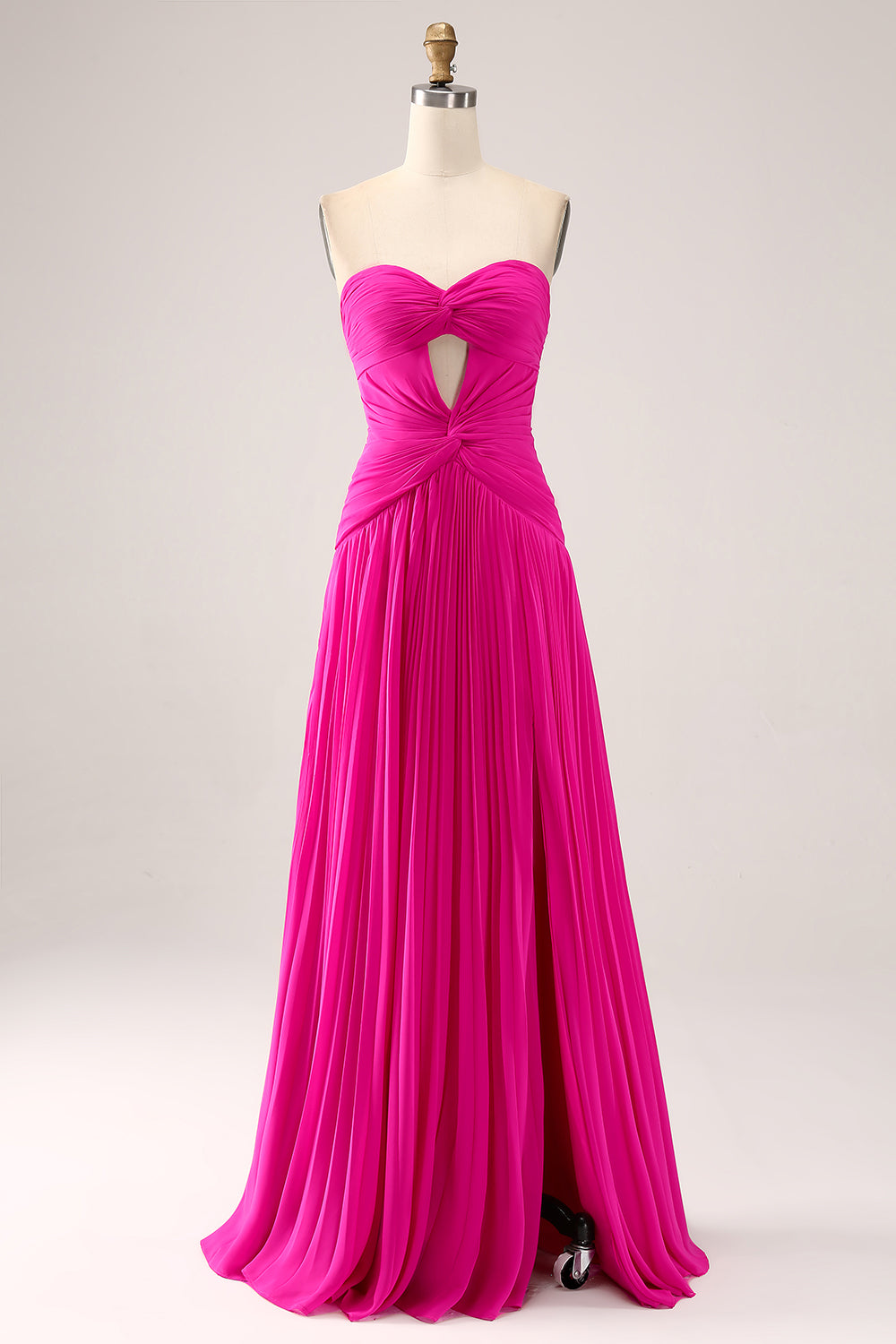 Fuchsia A-Line Pleated Hollow Out Long Maxi Dress With Slit