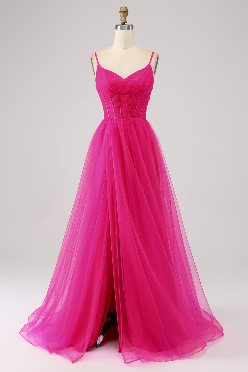 A-Line Spaghetti Straps Long Corset Fuchsia Prom Dress with Slit