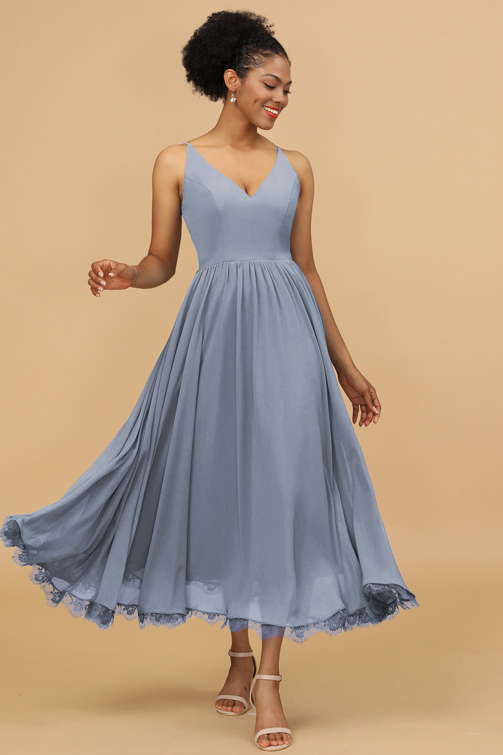 A Line Spaghetti Straps Floor-Length Chiffon Bridesmaid Dress with Ruffles