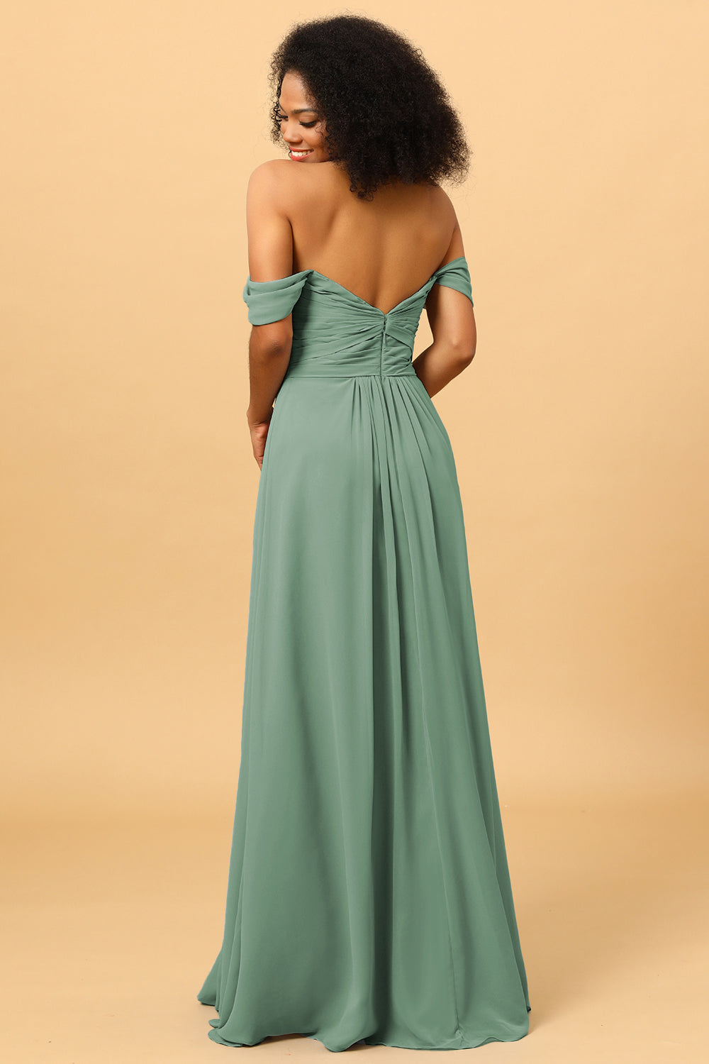 A Line Off the Shoulder Ruched Chiffon Floor-Length Bridesmaid Dress with Slit