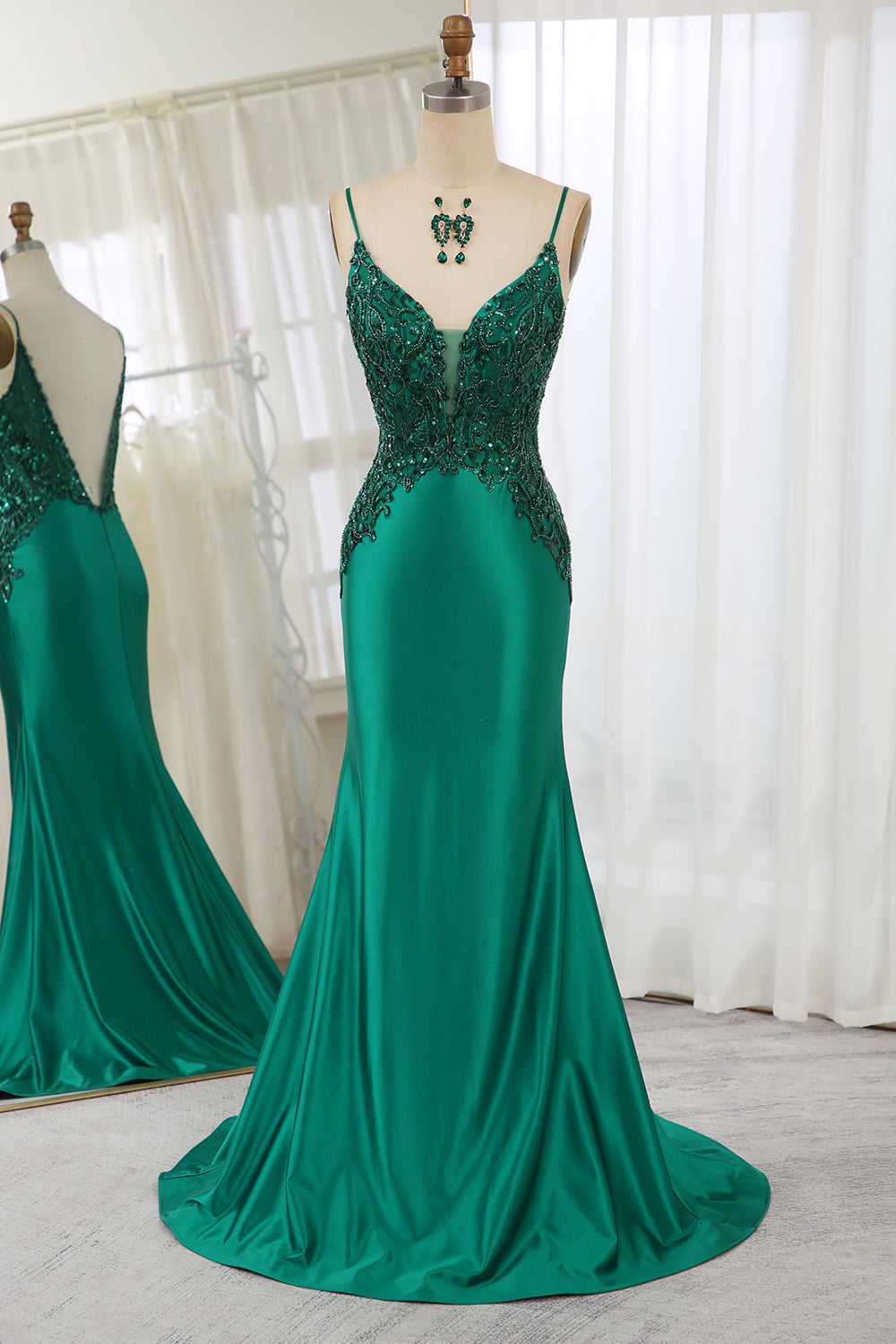 Glitter Dark Green Mermaid Backless Prom Dress With Beaded Appliques