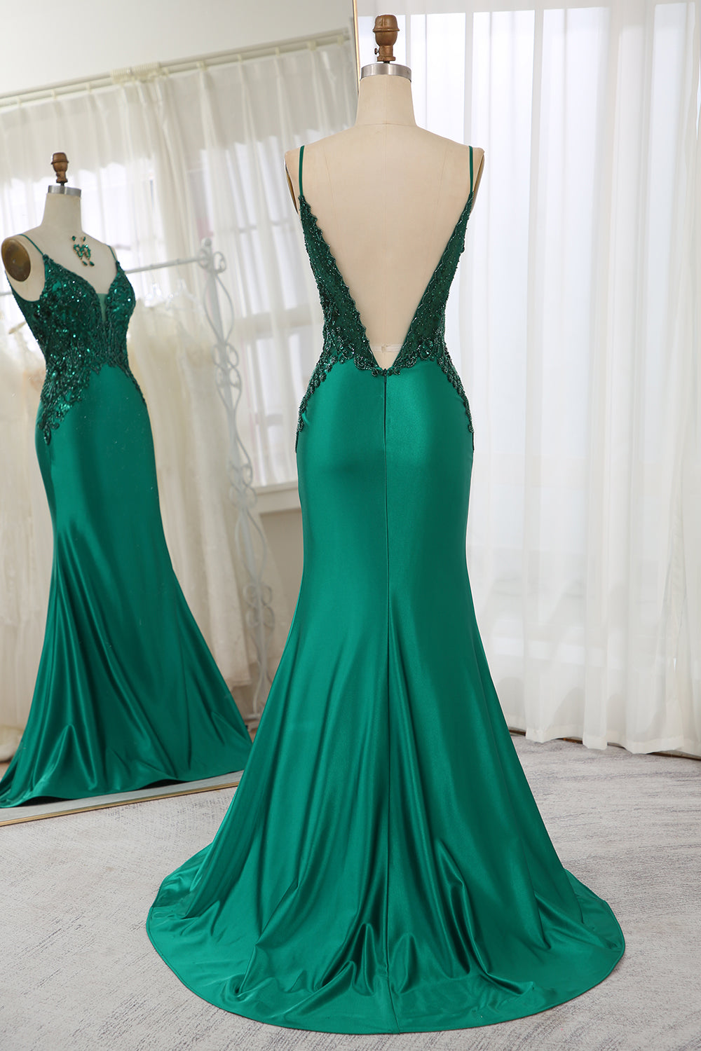 Glitter Dark Green Mermaid Backless Prom Dress With Beaded Appliques