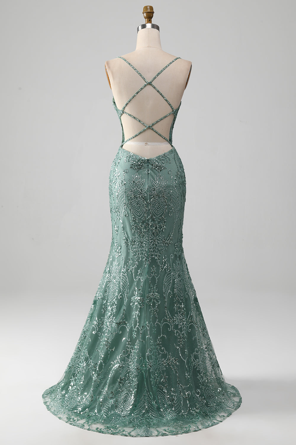 Grey Green Sheath Spaghetti Staps Sparkly Beaded Prom Dress with Slit