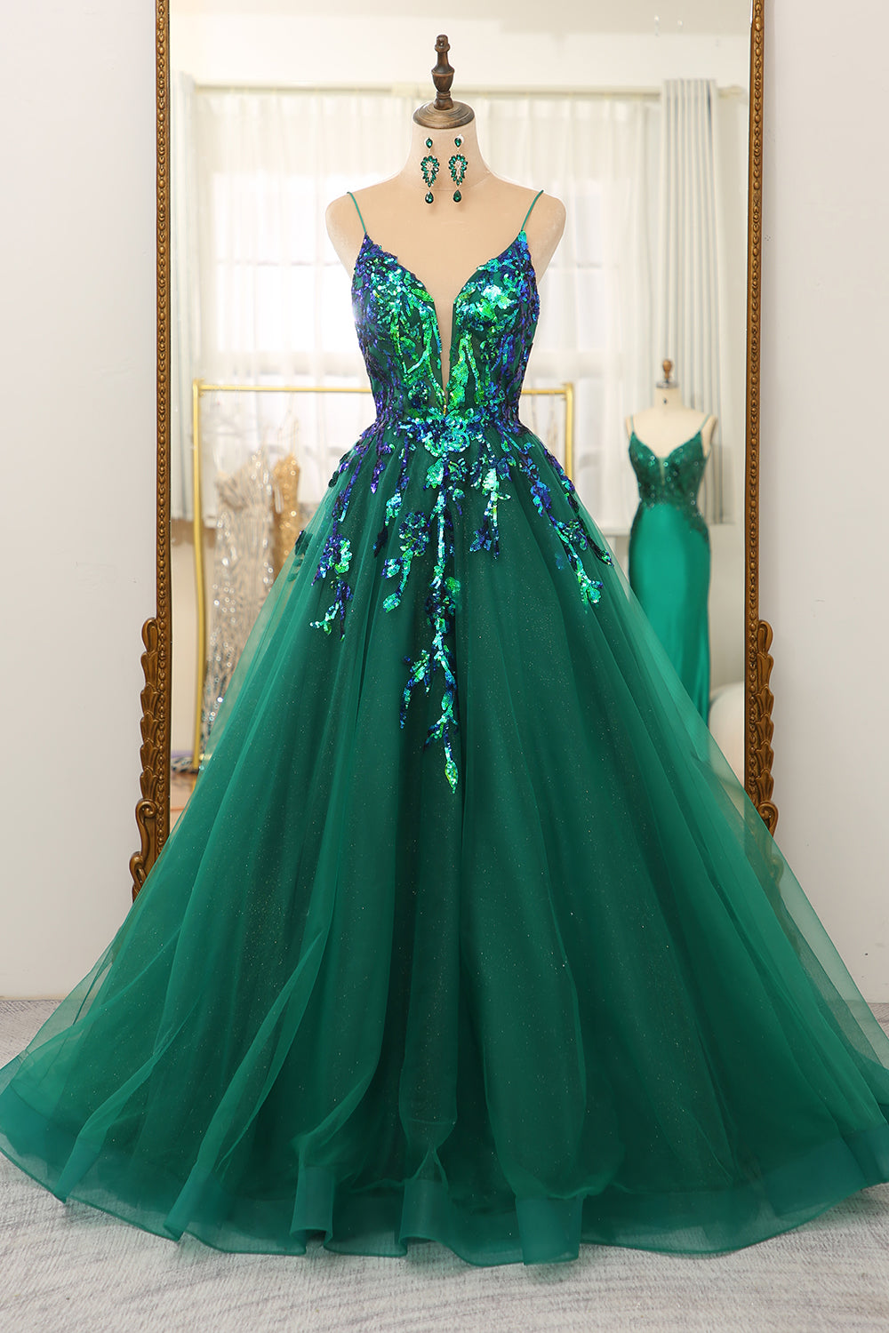 Dark Green A Line Tulle Long Prom Dress With Sparkly Sequined Appliques