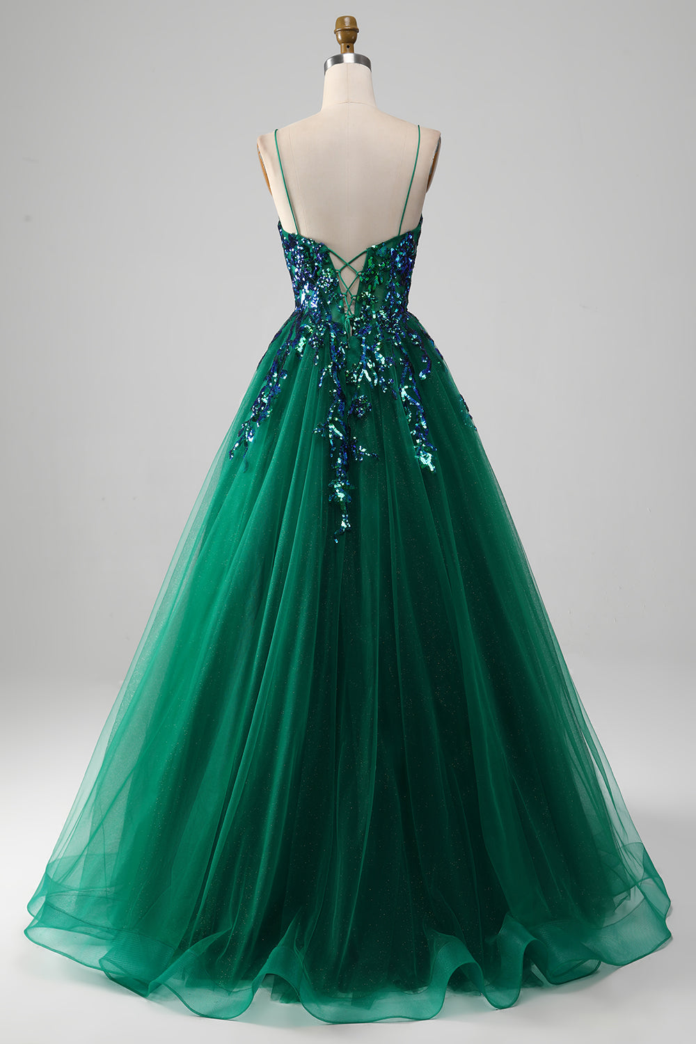 Dark Green Ball-Gown Spaghetti Straps Tulle Prom Dress with Sequins