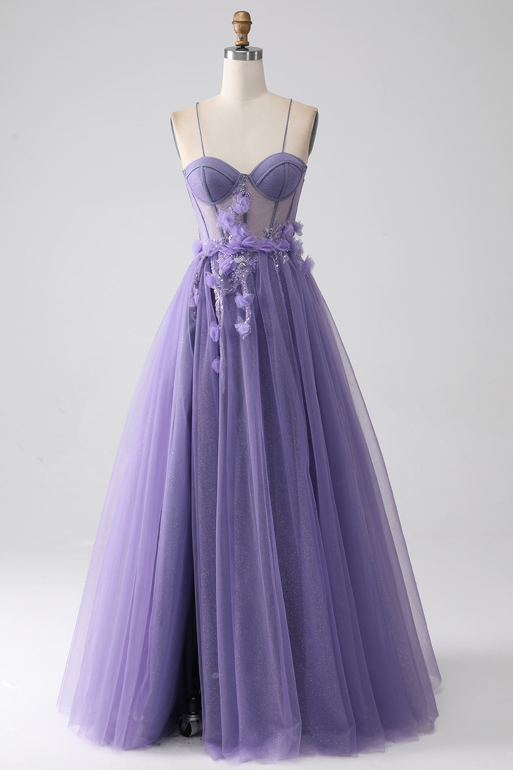 A-Line Spaghetti Straps Corset Purple Prom Dress with 3D Flowers