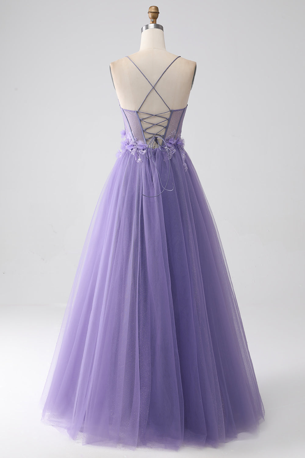 A-Line Spaghetti Straps Corset Purple Prom Dress with 3D Flowers