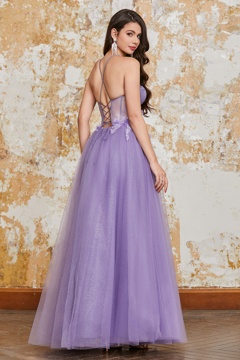 Purple A-Line Spaghetti Straps Corset Prom Dress with 3D Flowers