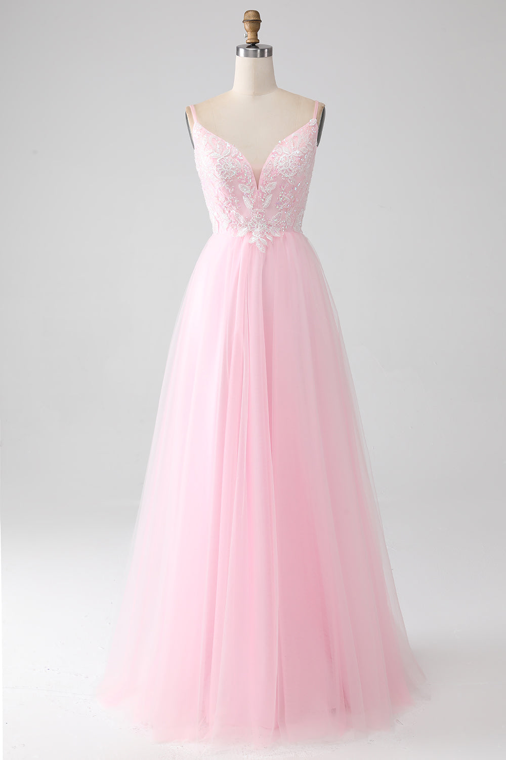 Light Pink A-Line Spaghetti Straps Sequins Prom Dress with Beading