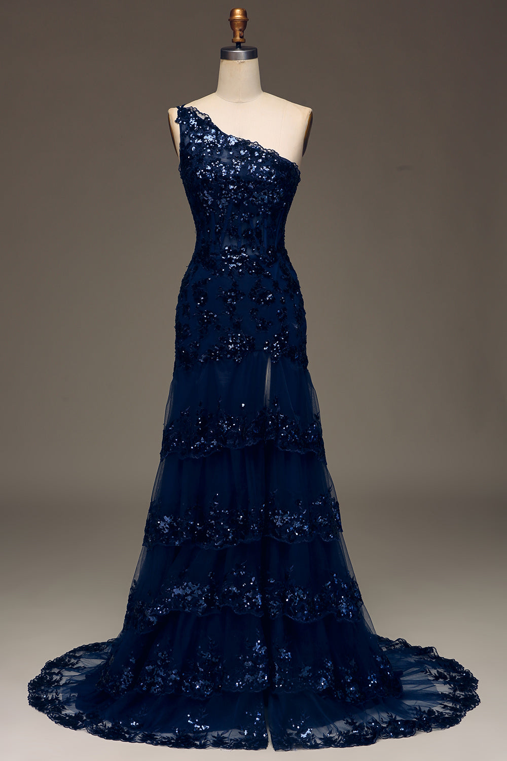 Sparkly Dark Navy A Line One Shoulder Tiered Lace Long Prom Dress with Slit