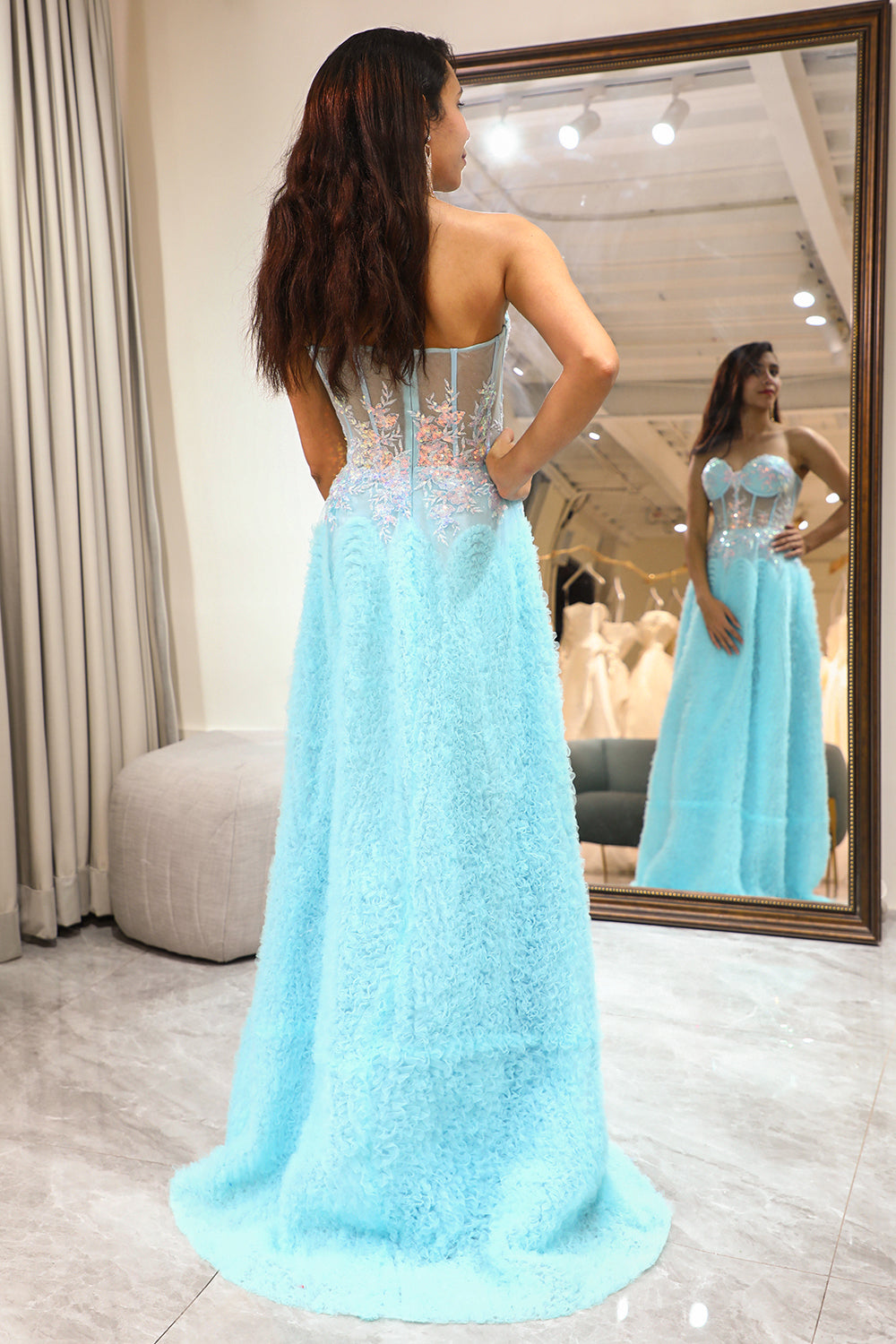 Light Blue Sheath Sweetheart Long Corset Prom Dress