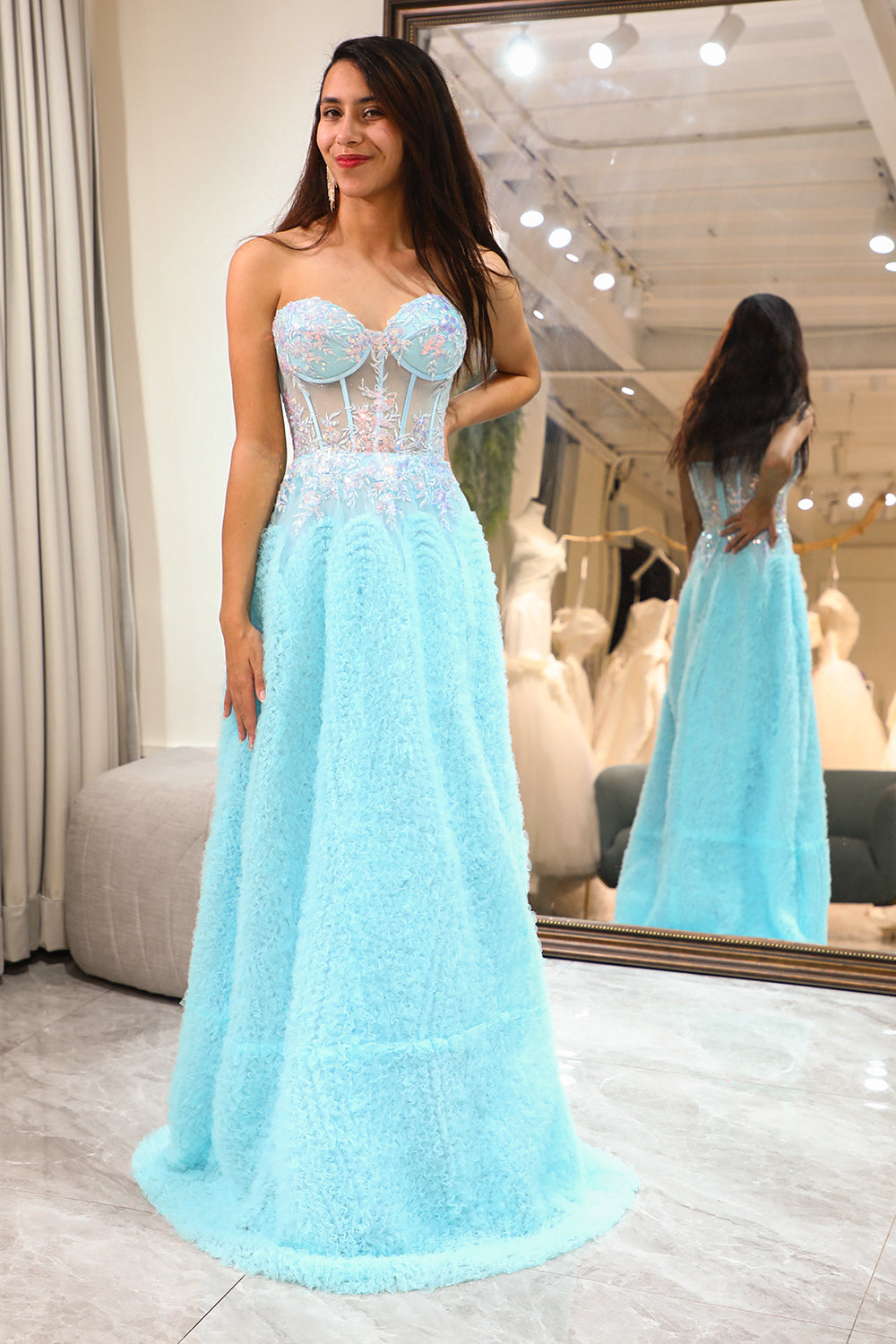 Light Blue Sheath Sweetheart Long Corset Prom Dress