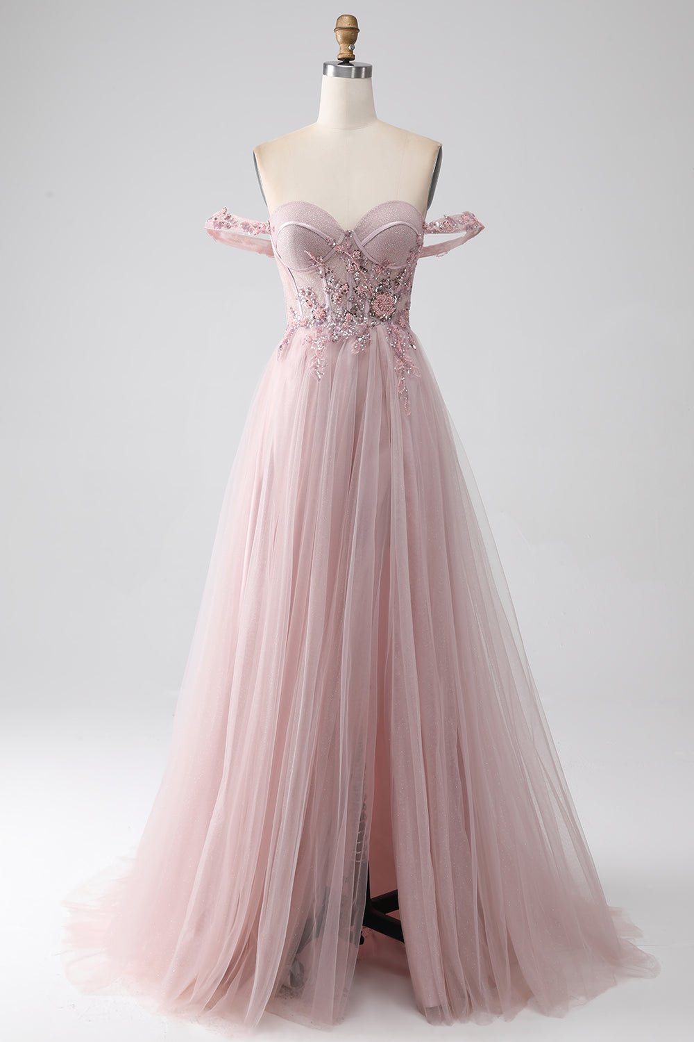 Blush A Line Off the Shoulder Sequin Beaded Corset Prom Dress with Slit