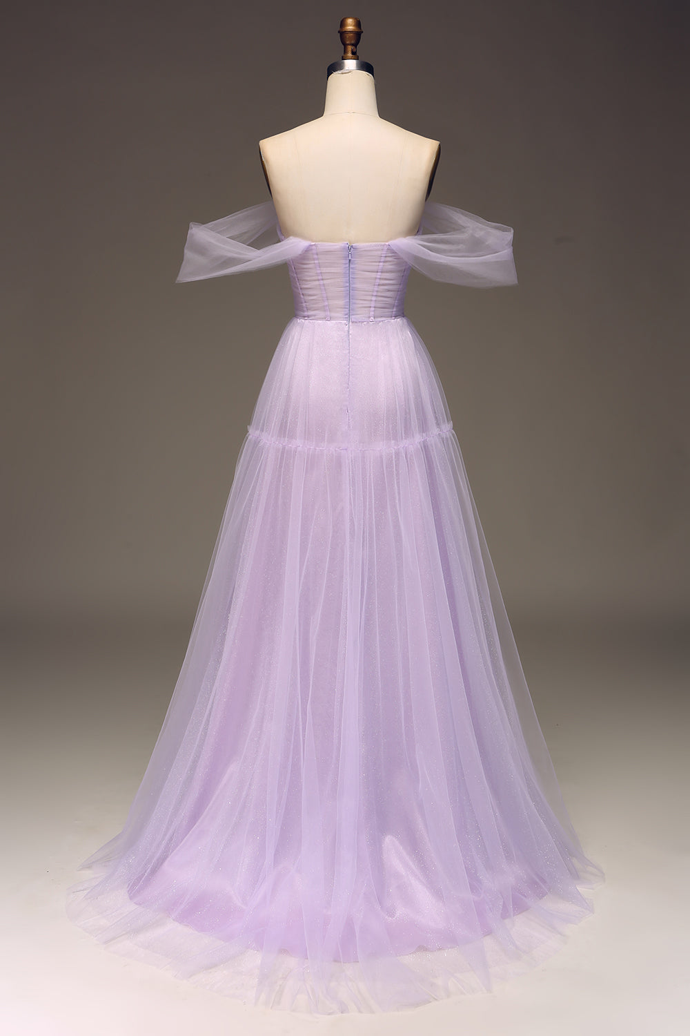 Princess Lilac Off the Shoulder A Line Tulle Prom Dress With Slit