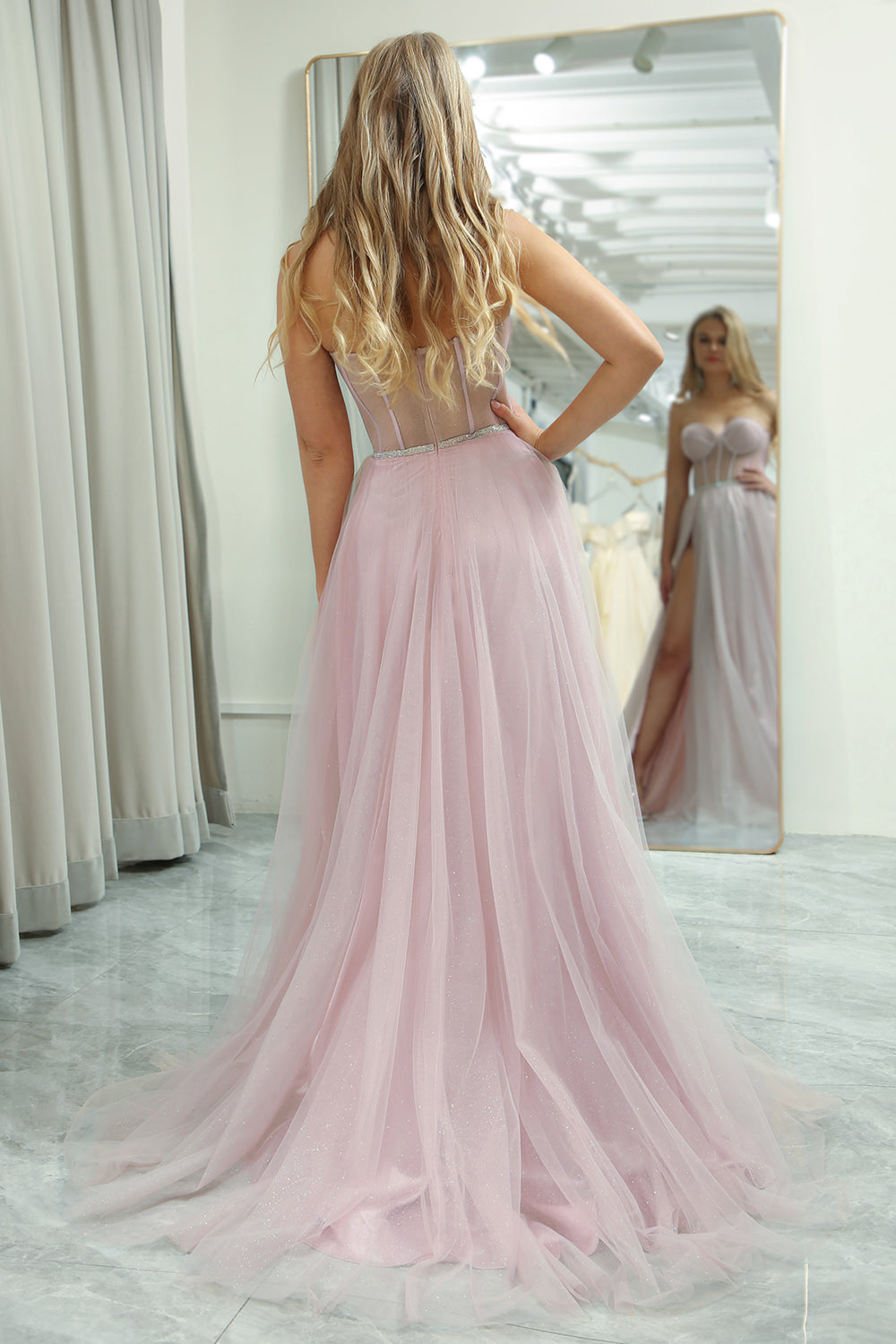 Sparkly Pink Strapless Tulle Corset Prom Dress with Slit