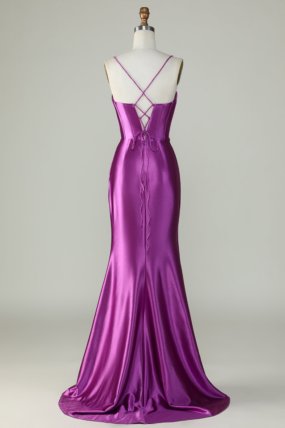 Dark Purple Mermaid Spaghetti Straps Long Prom Dress With Slit