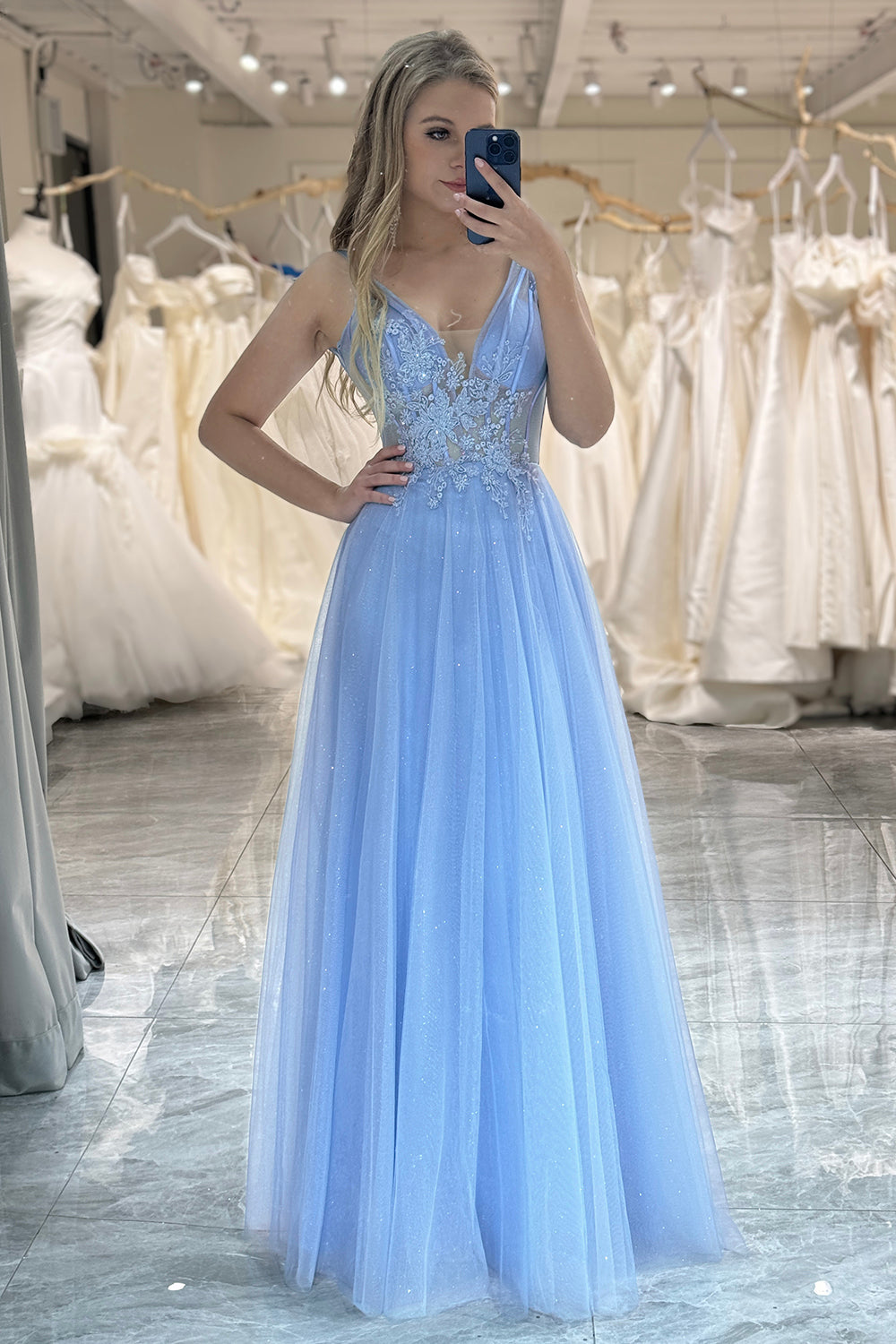 Sparkly Light Blue Tulle Corset Long Prom Dress With Appliques