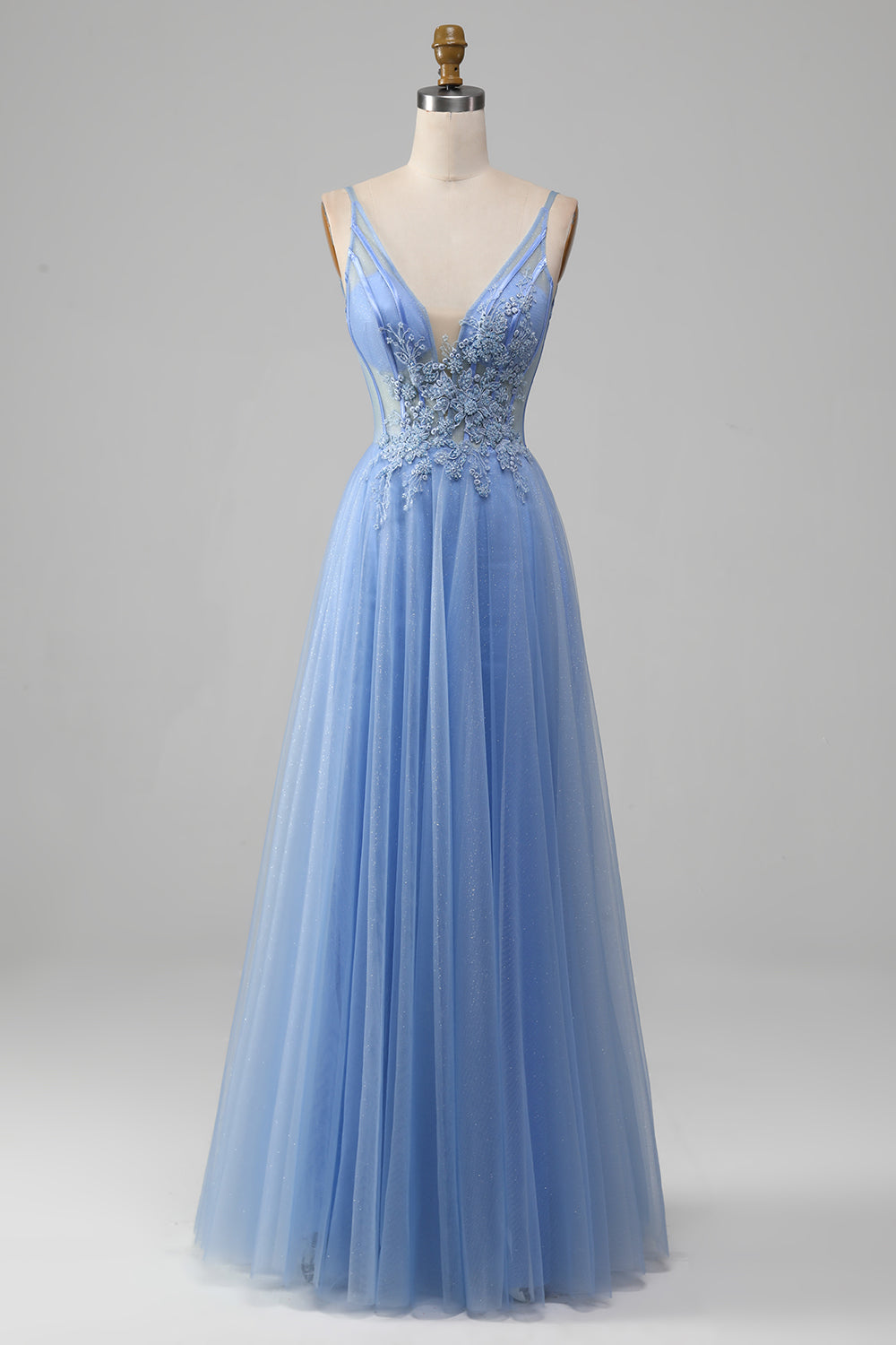 Light Blue A-Line V Neck Tulle Long Prom Dress With Appliques