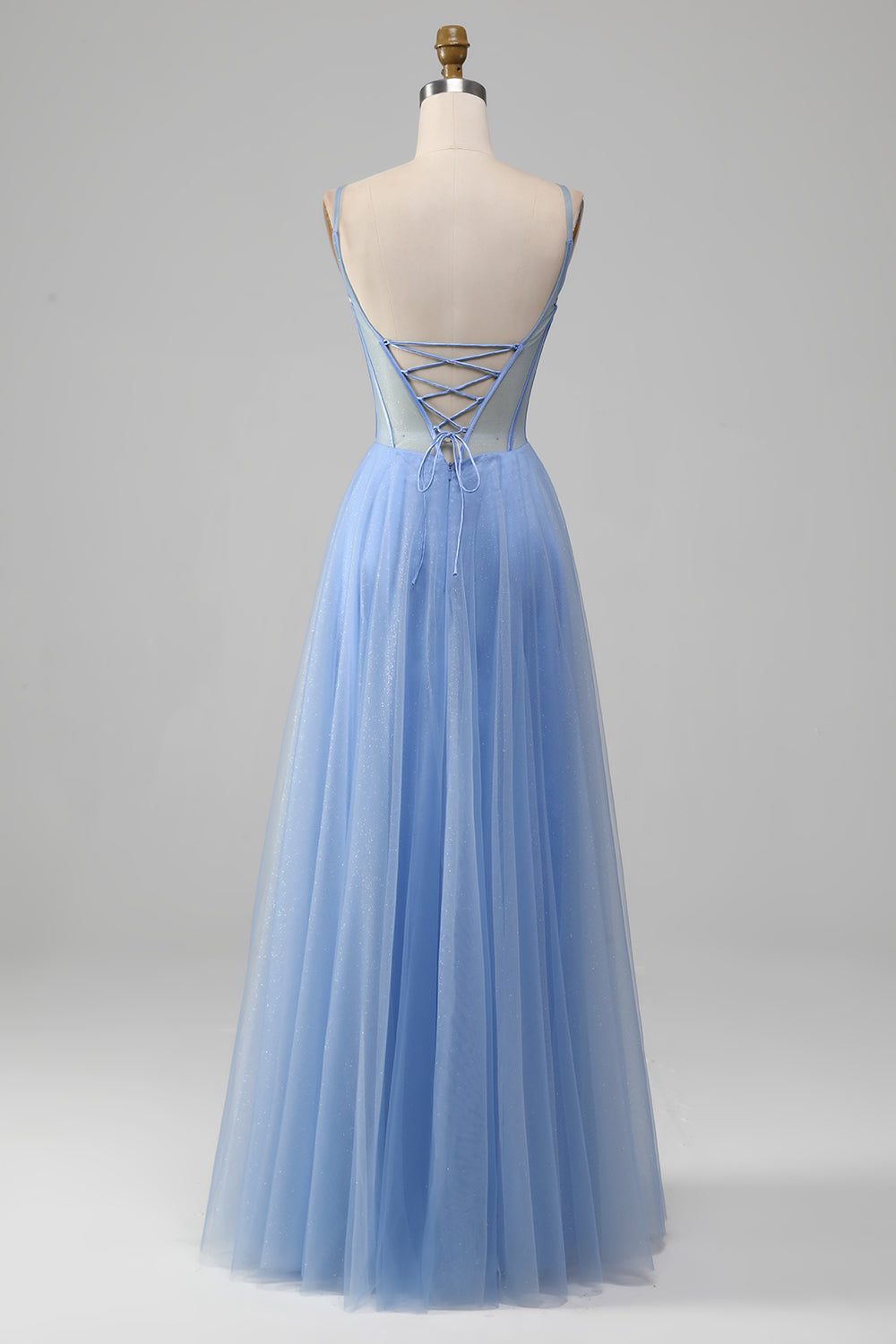 Light Blue A-Line V Neck Tulle Long Prom Dress With Appliques