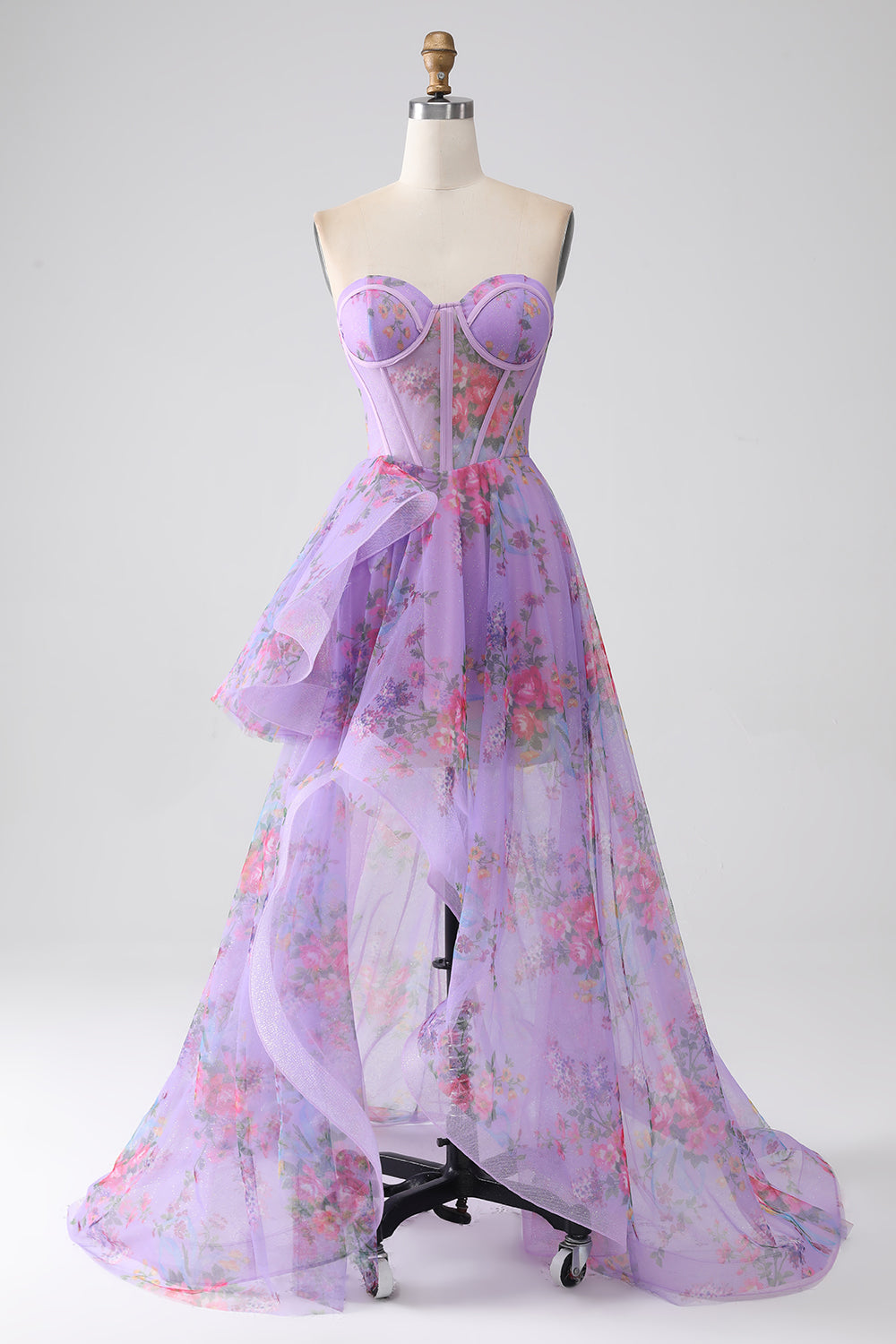 Purple Printed A-Line Sweetheart Strapless Corset Prom Dress With Slit